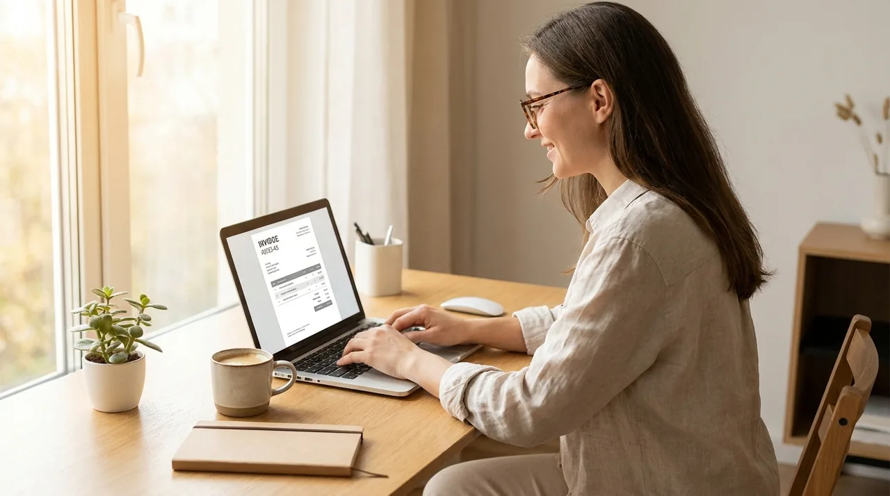 Freelancer reviewing an invoice at a bright home-office desk
